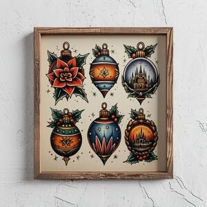 Vintage Retro Wall Art Ornaments Print - Rustic Holiday Decor, Christmas Decorat